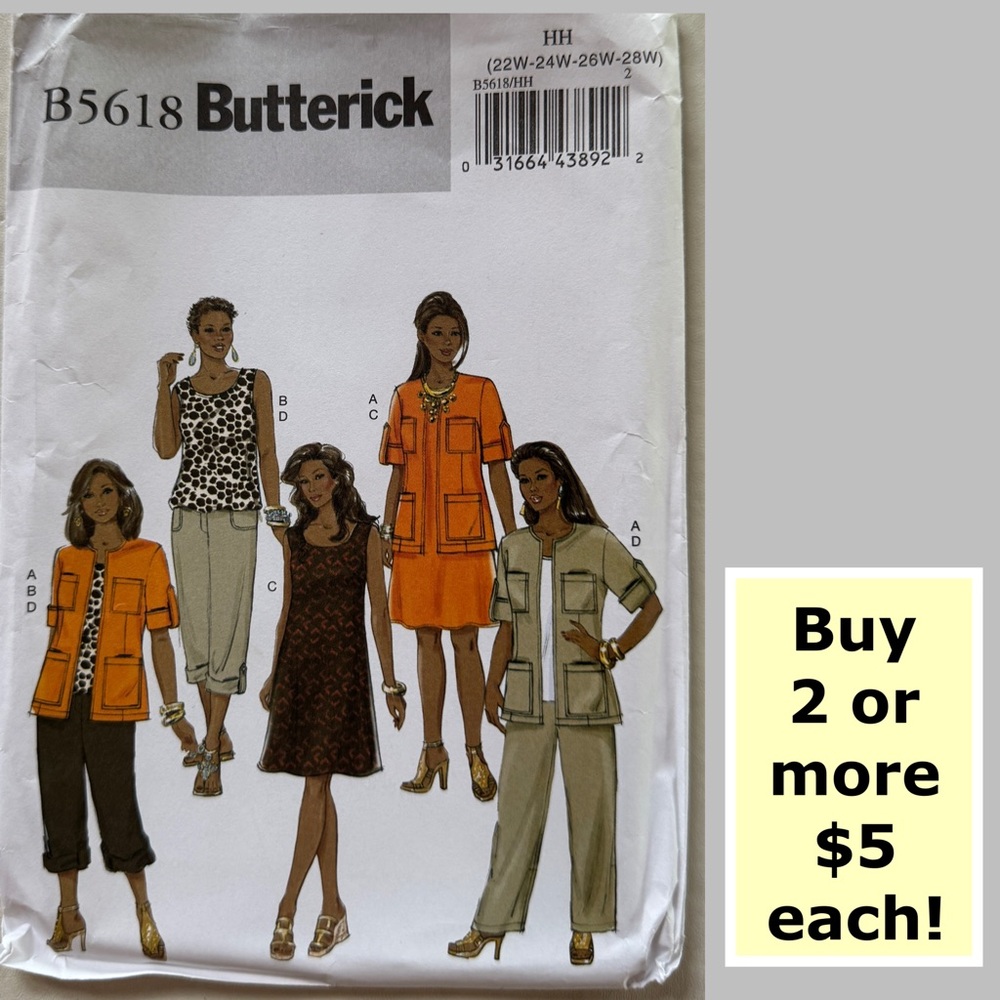 Butterick B5618 Dress, Jacket, Top, Pants Sewing Pattern Uncut (22W-24W-26W-28W)